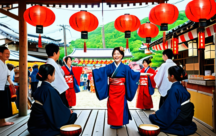 Festive Folk Song Scene**

"A vibrant summer festival scene with a yagura (櫓) in the center. A fully clothed singer with perfect anatomy is performing a traditional Japanese folk song with passion. Dancers in appropriate attire are smiling and dancing around the yagura. The background features colorful lanterns and food stalls. Safe for work, appropriate content, family-friendly, professional photography, natural proportions, well-formed hands."

**