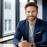 아이티에서 인기 있는 패션 브랜드 - A stylish IT professional in their early 30s, dressed in smart casual attire, sitting at a modern de...