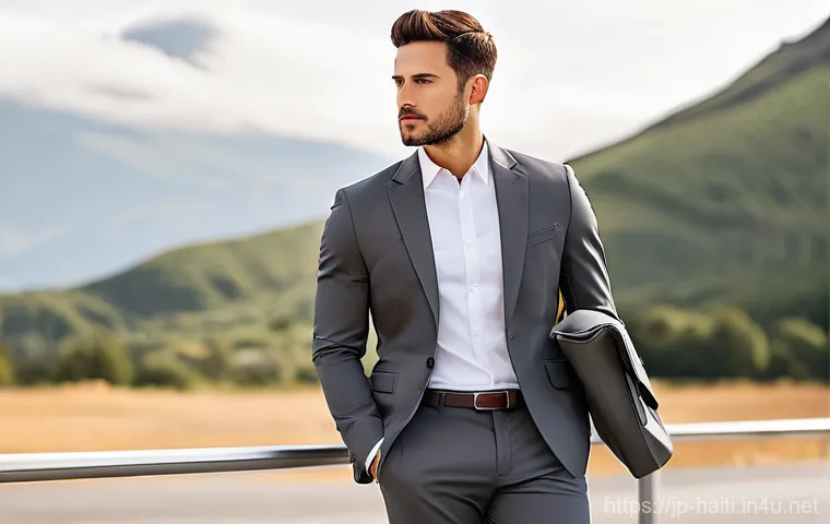 아이티에서 인기 있는 패션 브랜드 - A stylish IT professional in their early 30s, dressed in smart casual attire, sitting at a modern de...