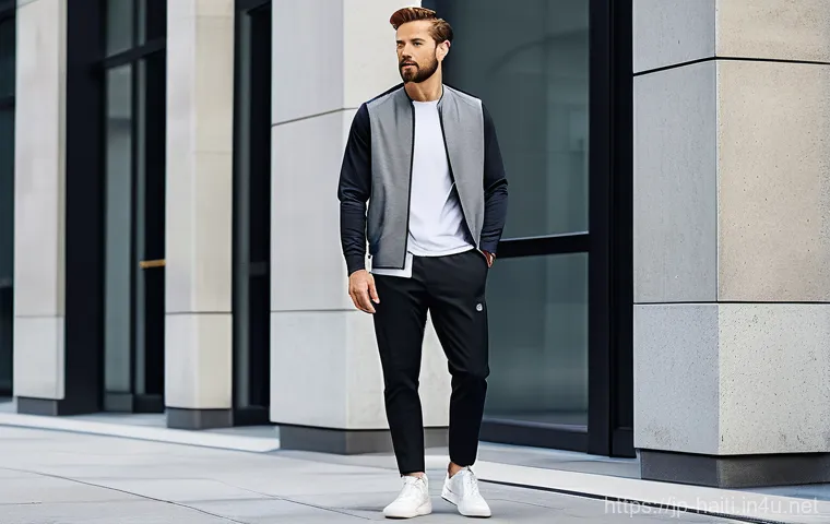 아이티에서 인기 있는 패션 브랜드 - A person in their late 30s, embodying stress-free IT workwear, casually yet smartly dressed. They ar...