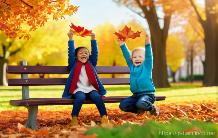 아이티에서 성공한 한인 사업가 사례 - **Prompt:** A vibrant, sun-drenched autumn park scene. A diverse group of four children, aged approx...