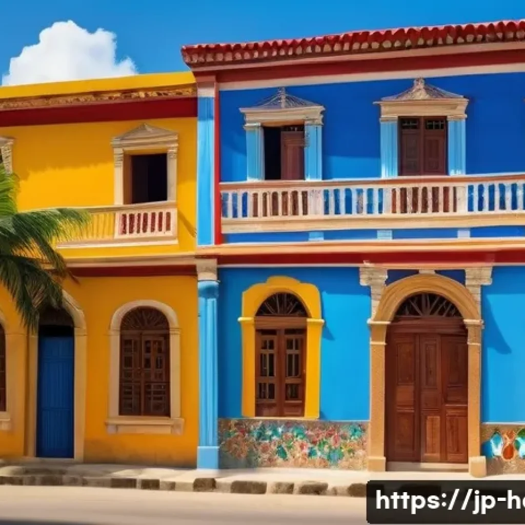아이티의 고유한 건축 양식과 디자인 - A vibrant Haitian street scene featuring traditional colonial architecture with vivid red, blue, and...
