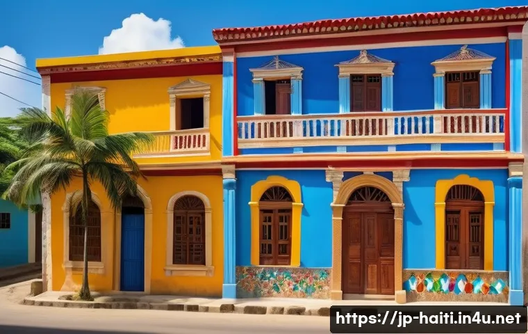 아이티의 고유한 건축 양식과 디자인 - A vibrant Haitian street scene featuring traditional colonial architecture with vivid red, blue, and...