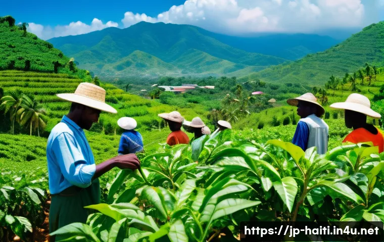 아이티의 주요 기업과 산업 현황 - A vibrant Haitian coffee farm scene during harvest season, showing diverse farmers wearing light clo...