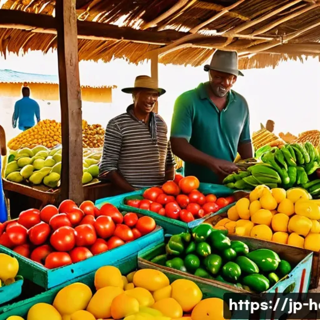 아이티에서 즐기는 로컬 마켓 쇼핑 가이드 - A vibrant local Haitian market scene in the early morning, featuring colorful fresh vegetables and f...