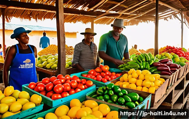 아이티에서 즐기는 로컬 마켓 쇼핑 가이드 - A vibrant local Haitian market scene in the early morning, featuring colorful fresh vegetables and f...