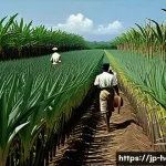 아이티 프랑스 식민지 시절 - A detailed historical scene depicting a vast sugarcane plantation in colonial Haiti during the Frenc...