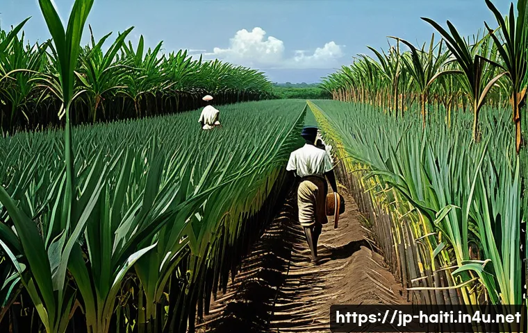 아이티 프랑스 식민지 시절 - A detailed historical scene depicting a vast sugarcane plantation in colonial Haiti during the Frenc...