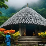 아이티 전통 신화와 민속 이야기 - A vivid scene depicting a traditional Haitian mountain deity ceremony: a majestic, ancient mountain ...