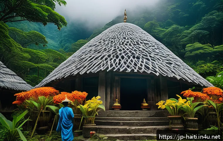 아이티 전통 신화와 민속 이야기 - A vivid scene depicting a traditional Haitian mountain deity ceremony: a majestic, ancient mountain ...