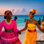 아이티에서 즐길 수 있는 해양 스포츠 - A vibrant scene of a local Haitian beach party at sunset, featuring people of diverse ages dancing j...