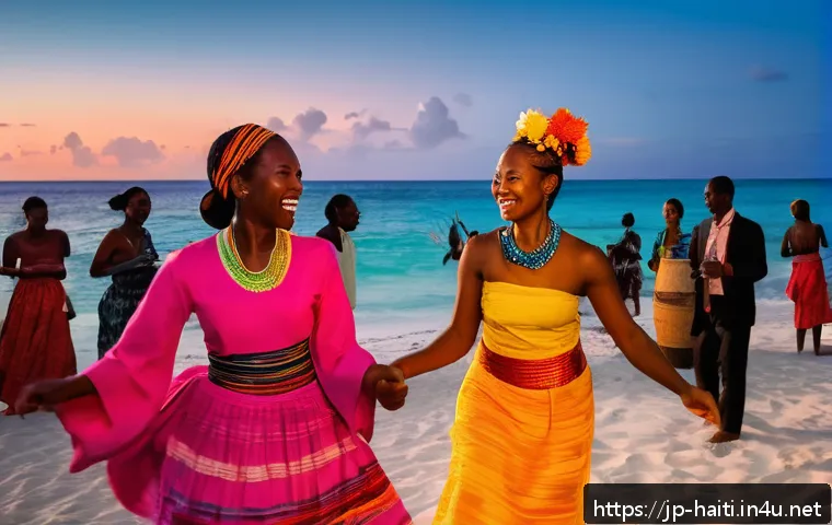 아이티에서 즐길 수 있는 해양 스포츠 - A vibrant scene of a local Haitian beach party at sunset, featuring people of diverse ages dancing j...