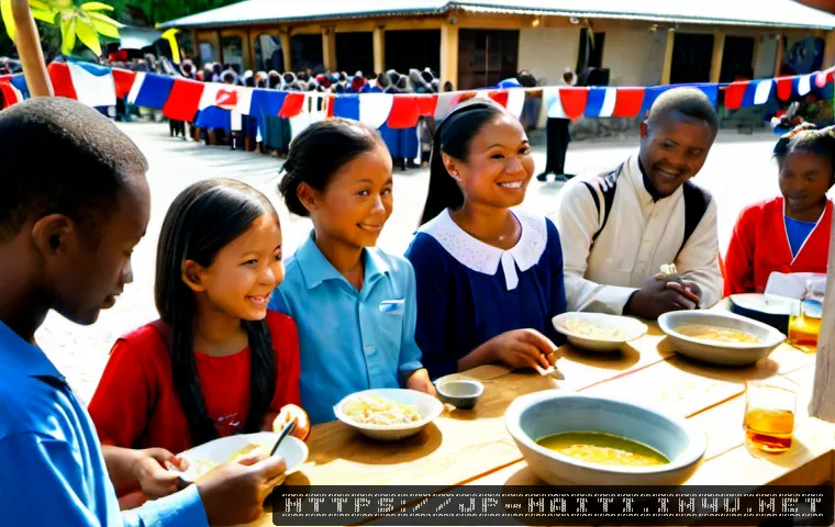 아이티의 주요 기념일과 공휴일 - Photorealistic Haitian Independence Day celebration in a sunlit town square, diverse families in ele...