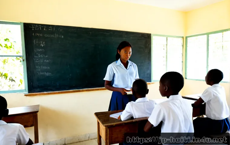 아이티에서의 교육 시스템과 학교 생활 - Photorealistic morning classroom in Haiti, diverse Haitian middle-school students in neat casual uni...