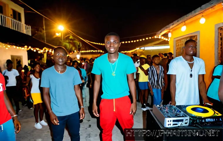 아이티에서 유행하는 현대 음악과 팝 문화 - Photorealistic evening street scene in Port-au-Prince, Haiti, young adult musicians and dancers enjo...